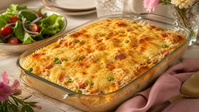 Ingredientes do arroz de forno com arroz, legumes, presunto, creme e queijo