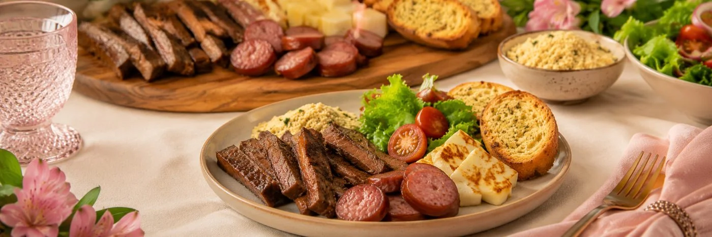 Churrasco na airfryer facil servido com carne, linguiça, queijo e salada