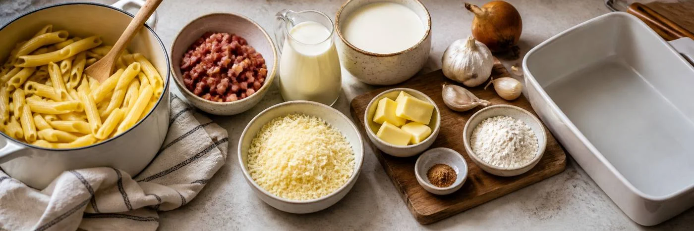 Ingredientes do macarrao cremoso com massa, bacon, leite, manteiga, farinha e queijo