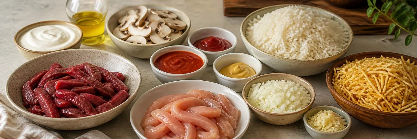 Ingredientes do strogonoff facil com frango ou carne, creme de leite e acompanhamentos