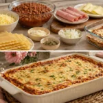 Lasanha à bolonhesa fácil com massa pronta Ingredientes organizados e lasanha à bolonhesa fácil pronta em uma travessa
