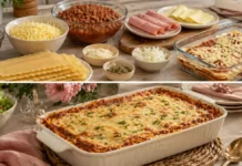 Lasanha à bolonhesa fácil com massa pronta Ingredientes organizados e lasanha à bolonhesa fácil pronta em uma travessa
