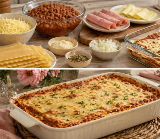 Lasanha à bolonhesa fácil com massa pronta Ingredientes organizados e lasanha à bolonhesa fácil pronta em uma travessa