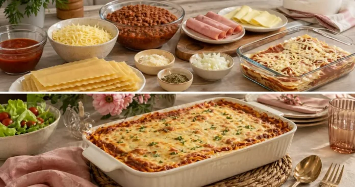 Lasanha à bolonhesa fácil com massa pronta Ingredientes organizados e lasanha à bolonhesa fácil pronta em uma travessa
