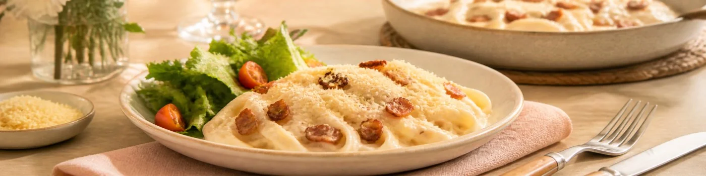 Macarrao cremoso com bacon servido com salada verde