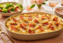 Macarrão cremoso com molho branco e bacon Macarrao cremoso com molho branco, bacon e queijo servido em travessa