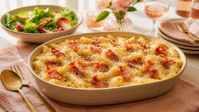 Macarrao cremoso com molho branco, bacon e queijo servido em travessa