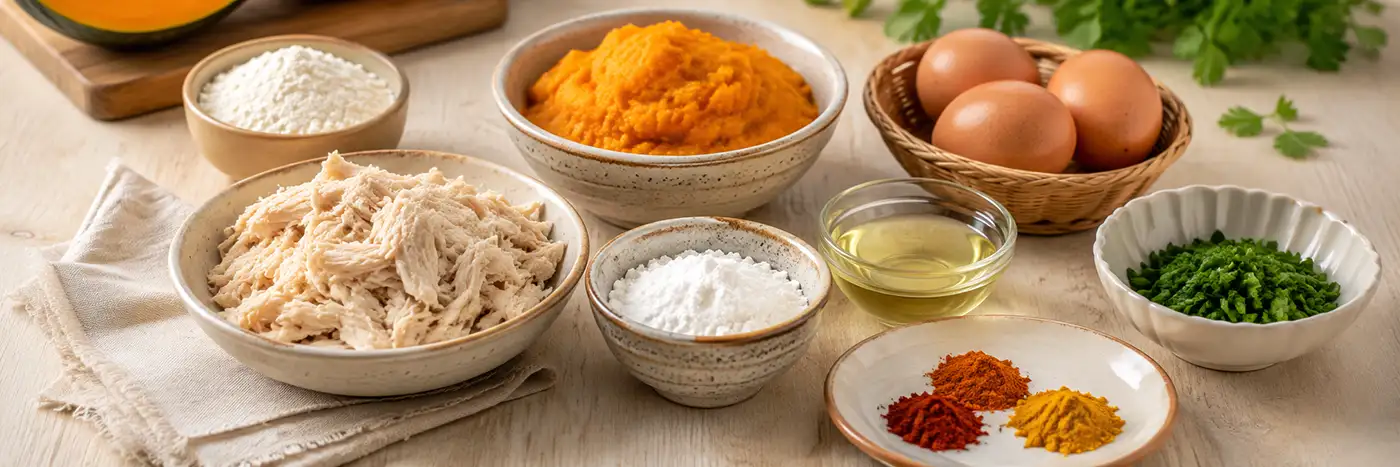 Ingredientes dos muffins de frango com abóbora com frango desfiado, abóbora cabotiá, ovo, farinha e temperos