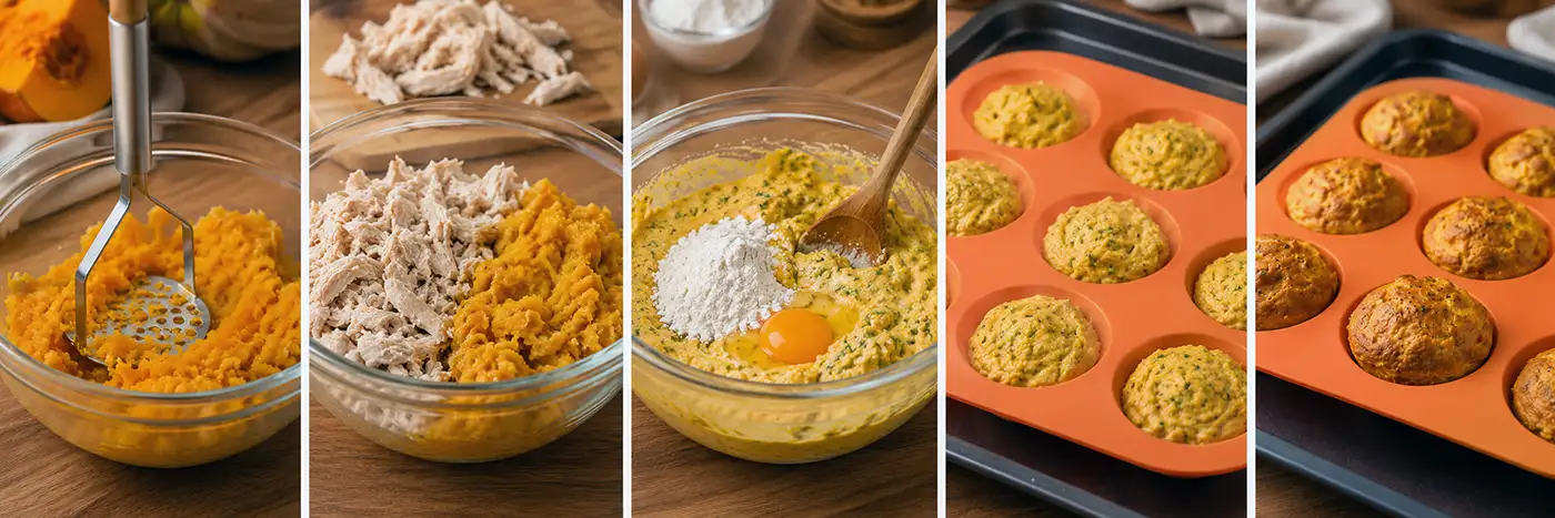 Etapas do preparo dos muffins de frango com abóbora até o resultado assado