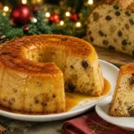 Pudim de panetone cremoso aproveita sobras com caramelo Pudim de panetone cremoso com calda de caramelo servido em mesa festiva