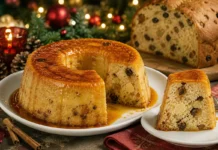 Pudim de panetone cremoso aproveita sobras com caramelo Pudim de panetone cremoso com calda de caramelo servido em mesa festiva
