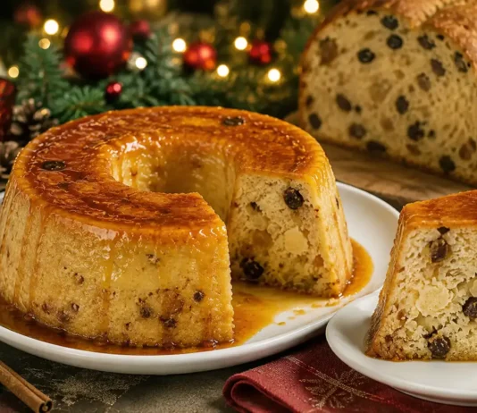 Pudim de panetone cremoso aproveita sobras com caramelo Pudim de panetone cremoso com calda de caramelo servido em mesa festiva