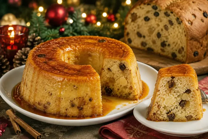 Pudim de panetone cremoso com calda de caramelo servido em mesa festiva