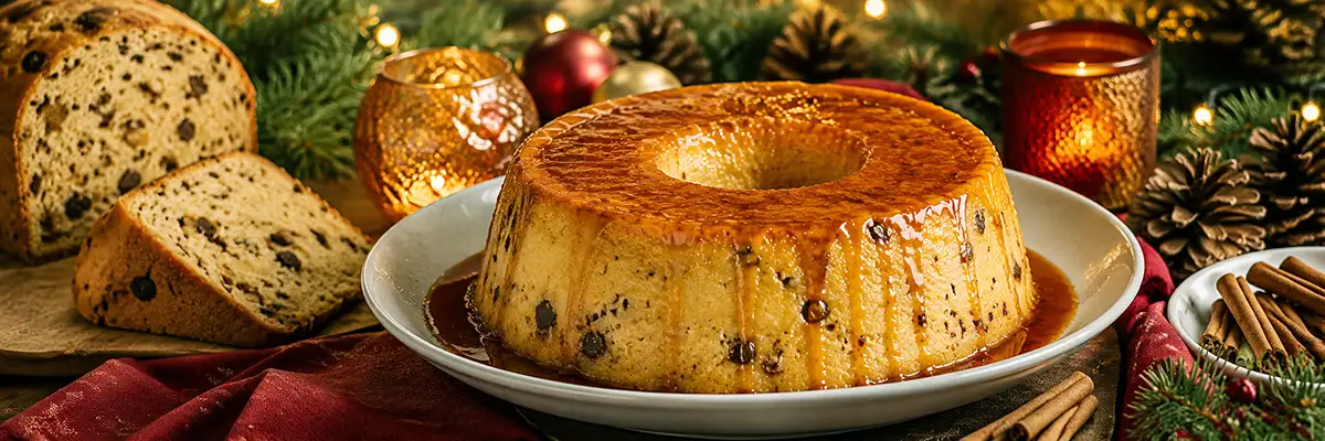 Pudim de panetone caramelizado ao lado de fatias de panetone e canela