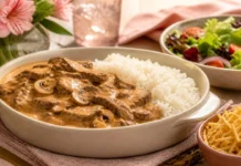 Strogonoff fácil de frango ou carne com molho cremoso Strogonoff facil de carne com arroz branco, batata palha e salada