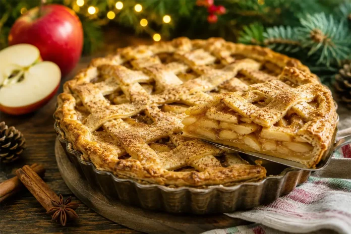 Torta de maçã com canela e massa dourada servida em mesa aconchegante