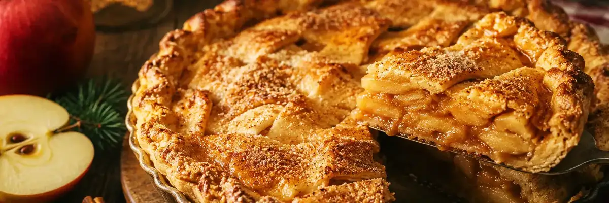 Fatia de torta de maçã com canela mostrando o recheio em camadas