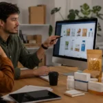 Anvisa inicia revisão da propaganda de alimentos e medicamentos Pessoa consulta catálogo digital de alimentos e medicamentos durante a revisão da Anvisa sobre propaganda.