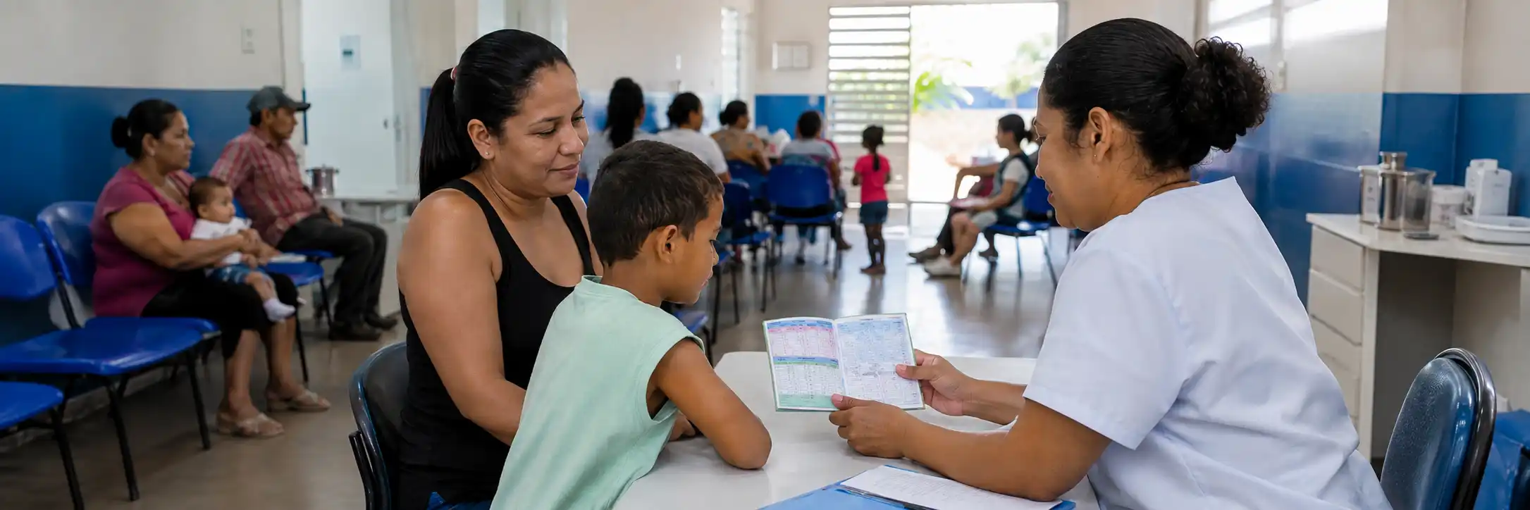 Profissional de saúde orienta responsável e criança durante a Multivacinação 2026 em Porto Velho.