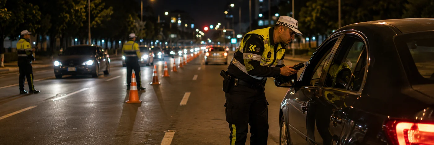 Blitz noturna da Lei Seca com agente de trânsito e motorista em abordagem de fiscalização