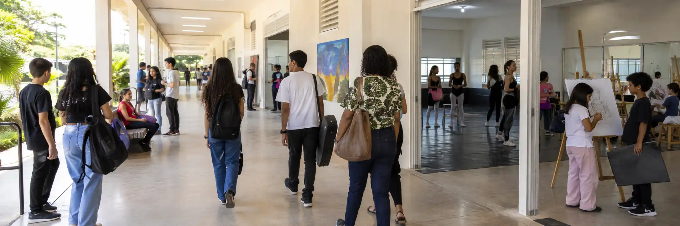 Estudantes circulam por Centro Municipal de Arte e Cultura Escolar durante início das aulas em Porto Velho.