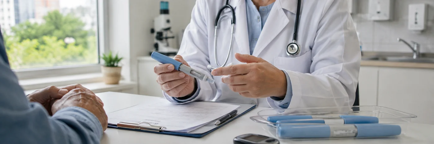 Canetas de semaglutida em ambiente de acompanhamento médico para diabetes tipo 2