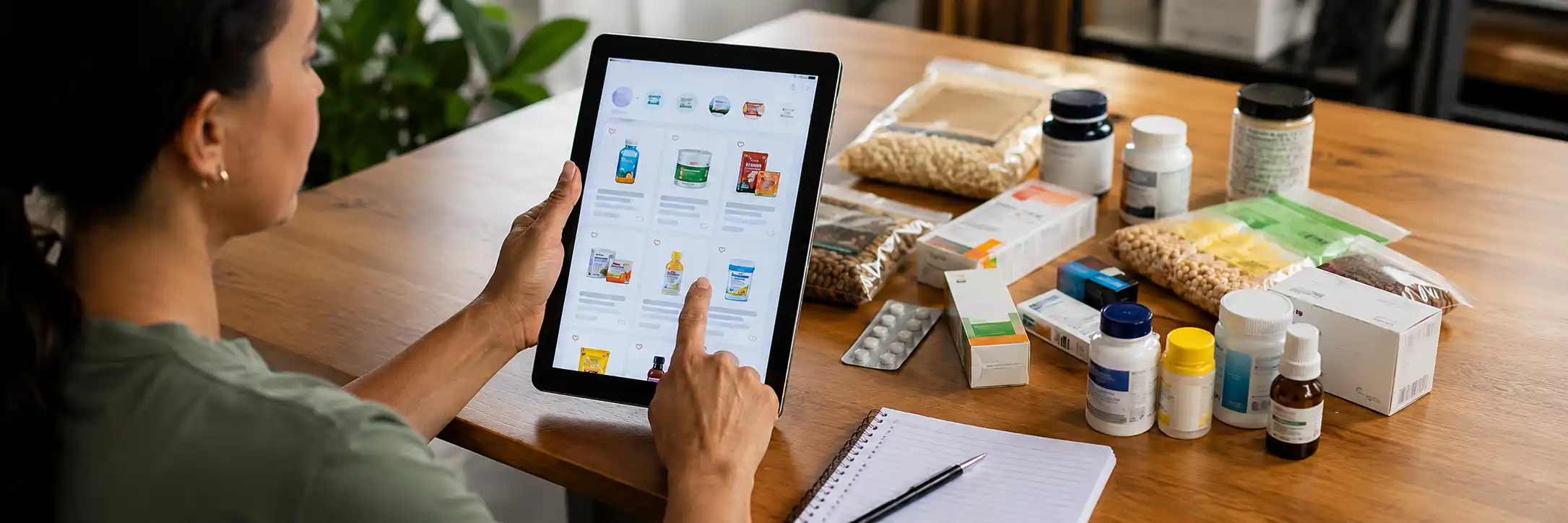 Pessoa consulta catálogo digital de alimentos e medicamentos durante debate regulatório da Anvisa.