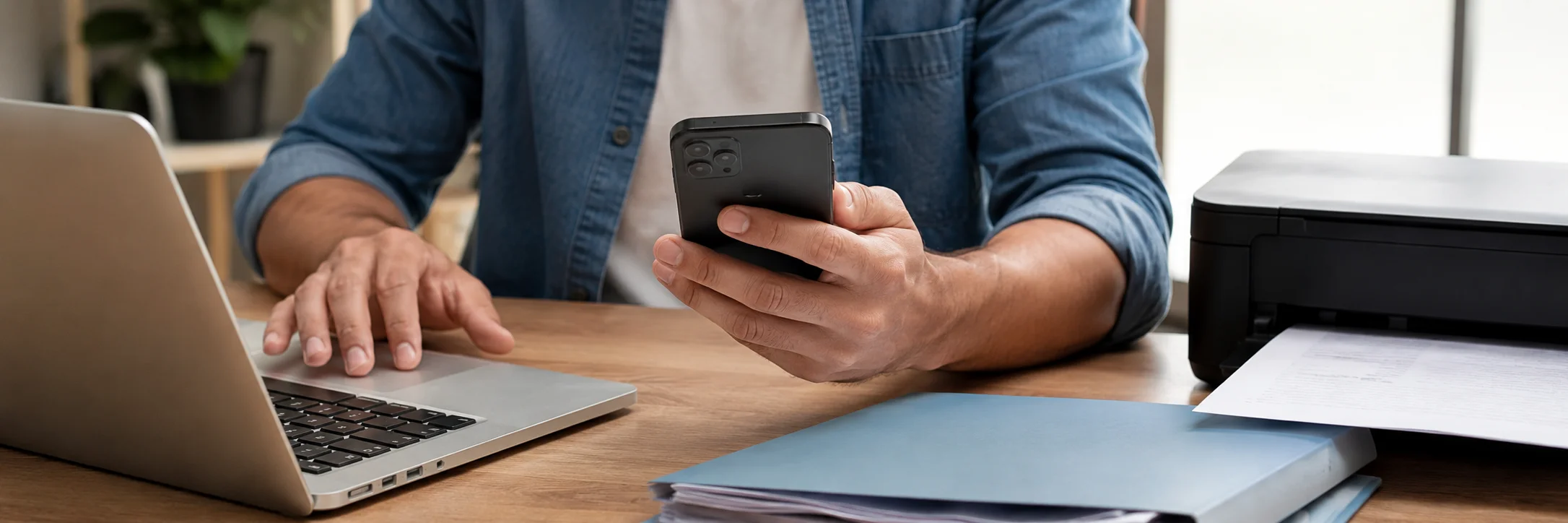Pessoa utiliza notebook e celular para acessar a cópia do IR em serviço digital autenticado.