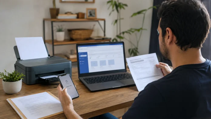Contribuinte usa notebook e celular para obter cópia do IR pelos canais digitais da Receita Federal.