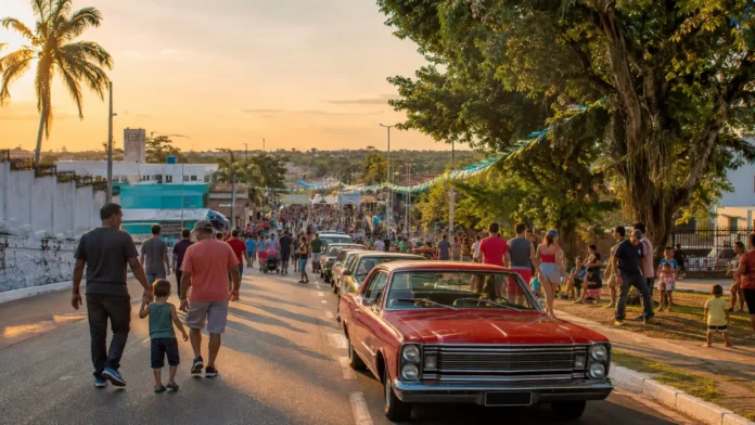 Famílias caminham pela Rua do Lazer durante programação especial de Dia dos Pais em Porto Velho, com carro clássico em destaque ao entardecer.