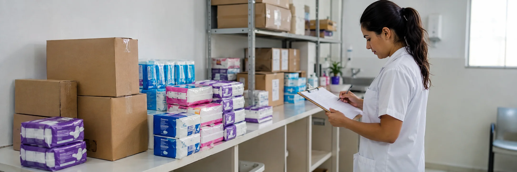 Profissional registra pacotes de absorventes gratuitos em uma sala de armazenamento de unidade pública.