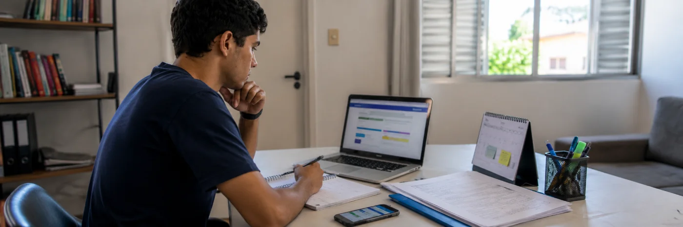 Estudante acompanha lista de espera do financiamento estudantil em notebook