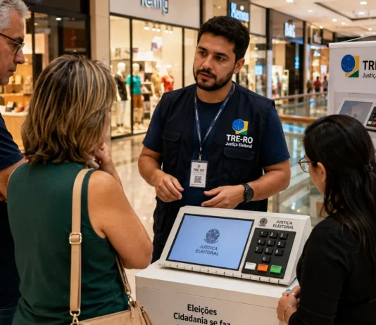 Porto Velho Shopping recebe exposição sobre urna eletrônica até domingo Visitantes conhecem a exposição da urna eletrônica com orientação de servidor do TRE-RO em shopping de Porto Velho.