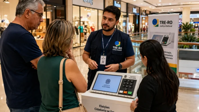 Visitantes conhecem a exposição da urna eletrônica com orientação de servidor do TRE-RO em shopping de Porto Velho.