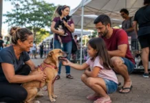 Feira de adoção reúne animais resgatados neste domingo em porto velho Família conhece um cão durante feira de adoção animal em Porto Velho.