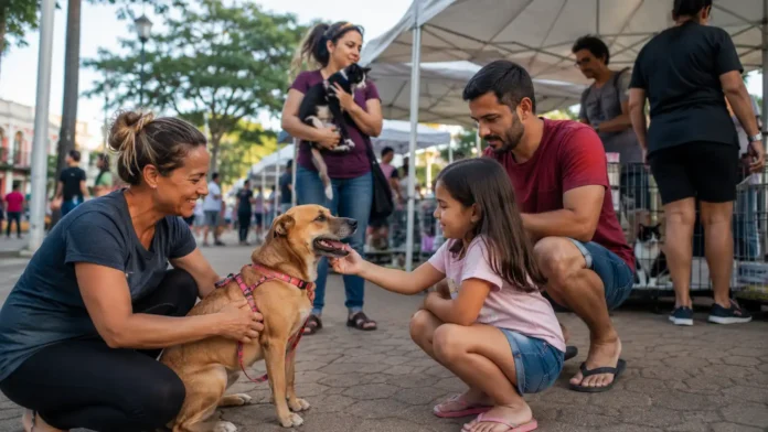 Família conhece um cão durante feira de adoção animal em Porto Velho.