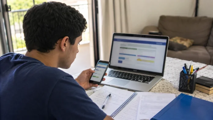 Estudante acompanha sistema digital do Fies 2026 em notebook e celular