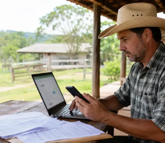 ITR 2026 começa nesta segunda; veja quem precisa declarar em Rondônia Produtor rural consulta documentos e celular durante o início do prazo do ITR 2026.