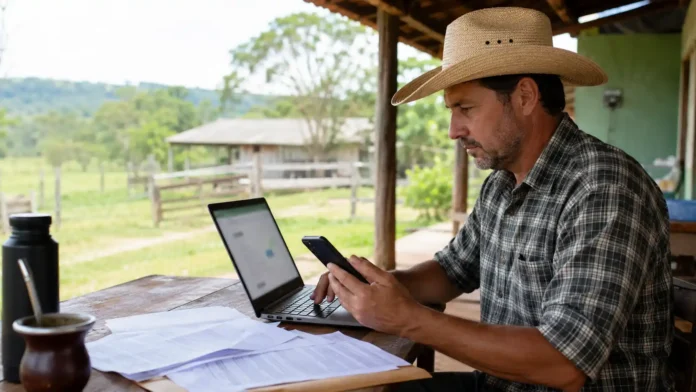 Produtor rural consulta documentos e celular durante o início do prazo do ITR 2026.