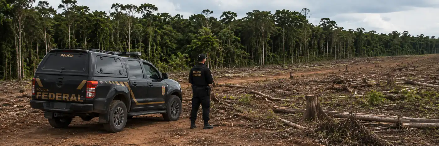 Cenário ilustrativo de fiscalização ambiental em área desmatada com agente e veículo da Polícia Federal