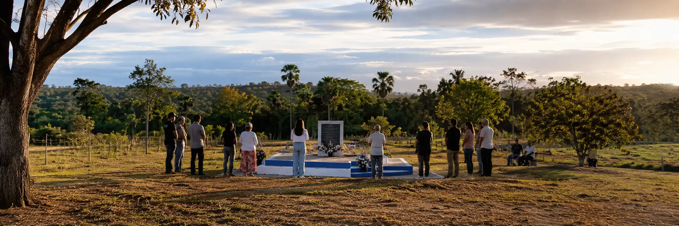 Vista panorâmica representativa de homenagem às vítimas de Santa Elina em área rural de Corumbiara.