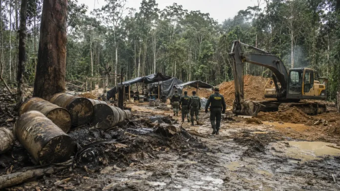 Agentes de fiscalização em área de garimpo no Parque Mapinguari durante operação ambiental na floresta amazônica.