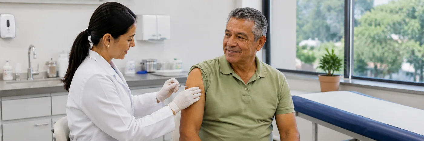 Pessoa idosa conversa com profissional de saúde sobre vacinação e prevenção do herpes-zóster