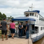PREVBarco inicia atendimento do INSS em Costa Marques Moradores chegam a uma embarcação do PREVBarco em Rondônia para atendimento em Costa Marques.