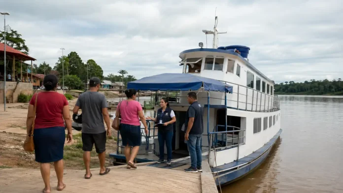 Moradores chegam a uma embarcação do PREVBarco em Rondônia para atendimento em Costa Marques.