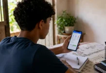 Pé-de-Meia retoma pagamentos dia 24; veja quem recebe Estudante consulta celular e materiais escolares em imagem sobre a retomada dos pagamentos do Pé-de-Meia em agosto de 2026