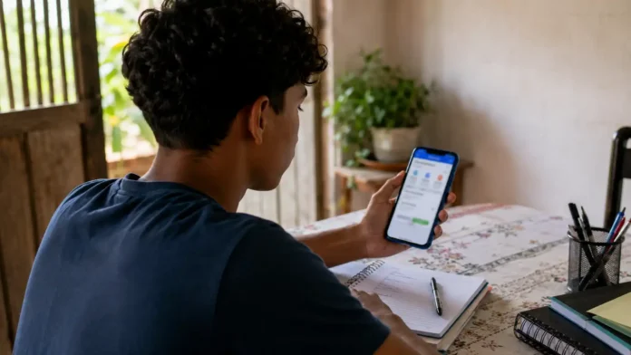 Estudante consulta celular e materiais escolares em imagem sobre a retomada dos pagamentos do Pé-de-Meia em agosto de 2026