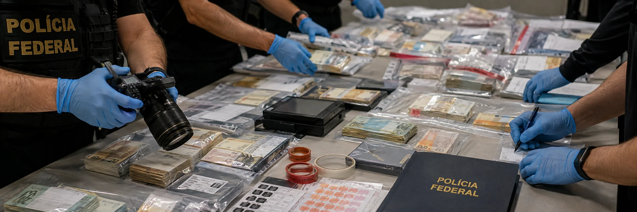 Peritos da Polícia Federal fotografam e catalogam pacotes dos R$ 2 milhões apreendidos em Porto Velho.