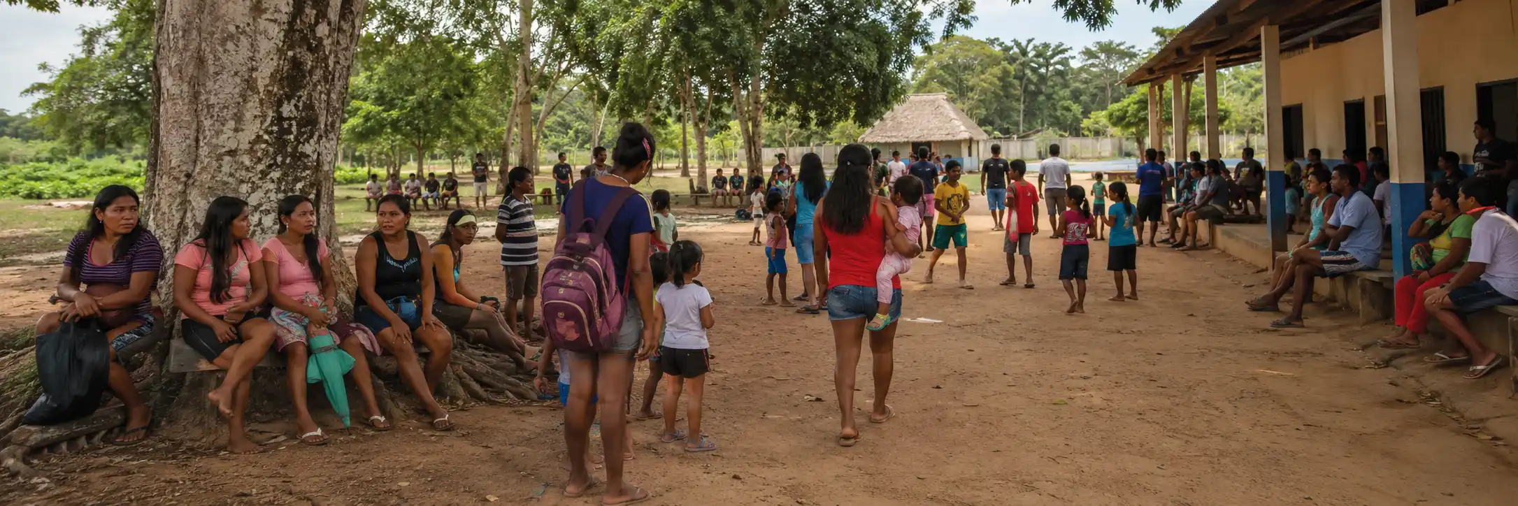 Imagem panorâmica representativa de pessoas indígenas em espaço comunitário em Rondônia, sem atribuição a povo específico.
