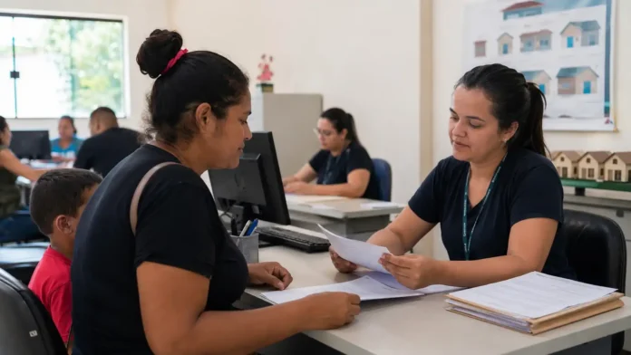 Mulher recebe orientação sobre o Minha Casa Minha Vida em Guajará-Mirim.